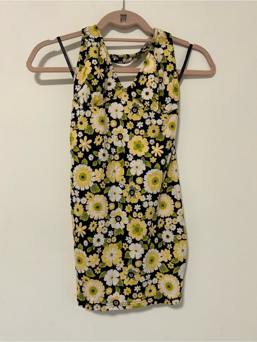 Motel Rocks Black Floral Backless Bodycon Dress with Yellow & White Flowers